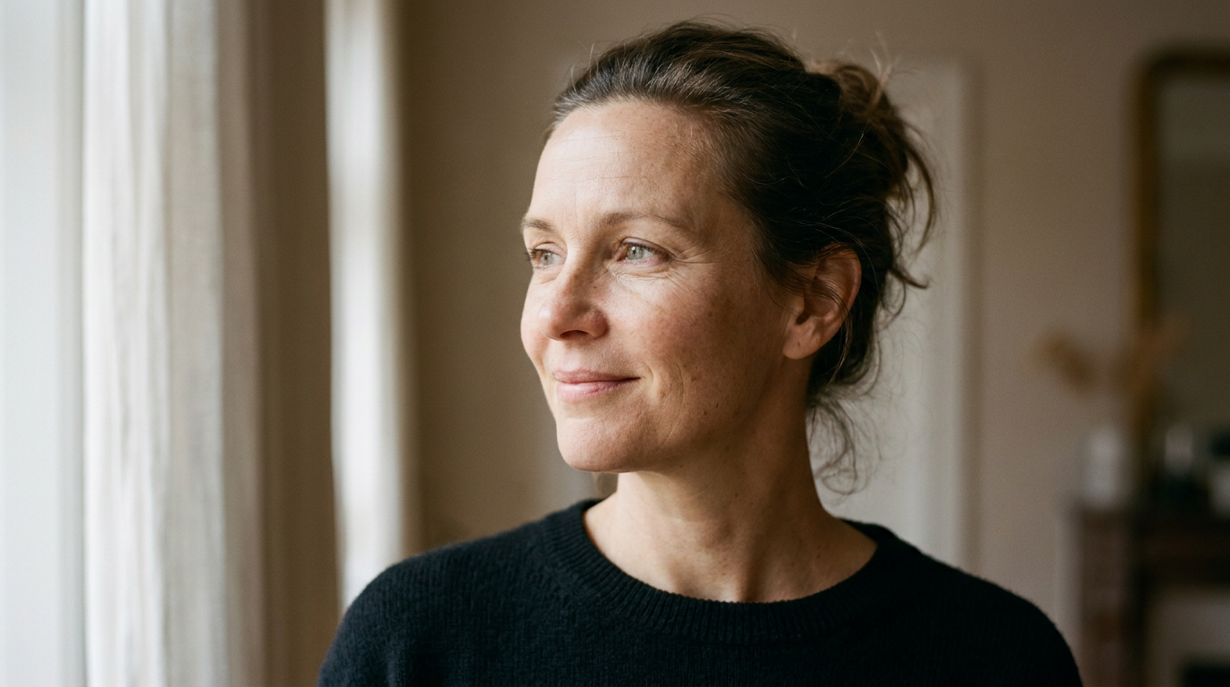 Eine Frau um die 50 mit natürlicher Haut und wachen Augen nach einer Lidstraffung.