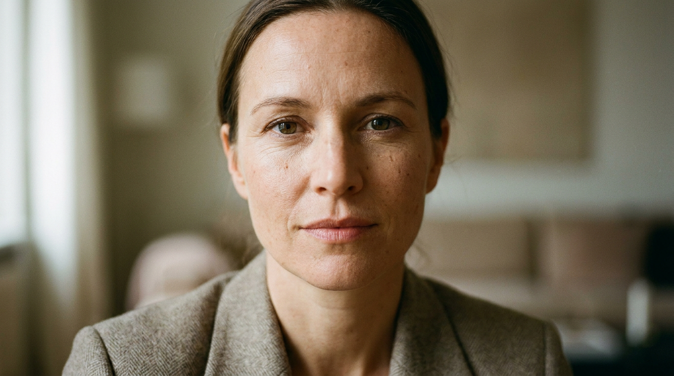 Eine Frau Ende 30 mit ruhigem und selbstbewusstem Gesichtsausdruck.