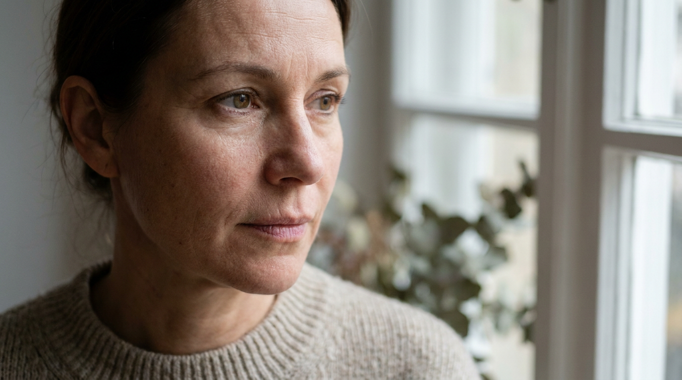 Eine nachdenkliche Frau in den Vierzigern mit natürlicher Hautstruktur in einem Porträt.