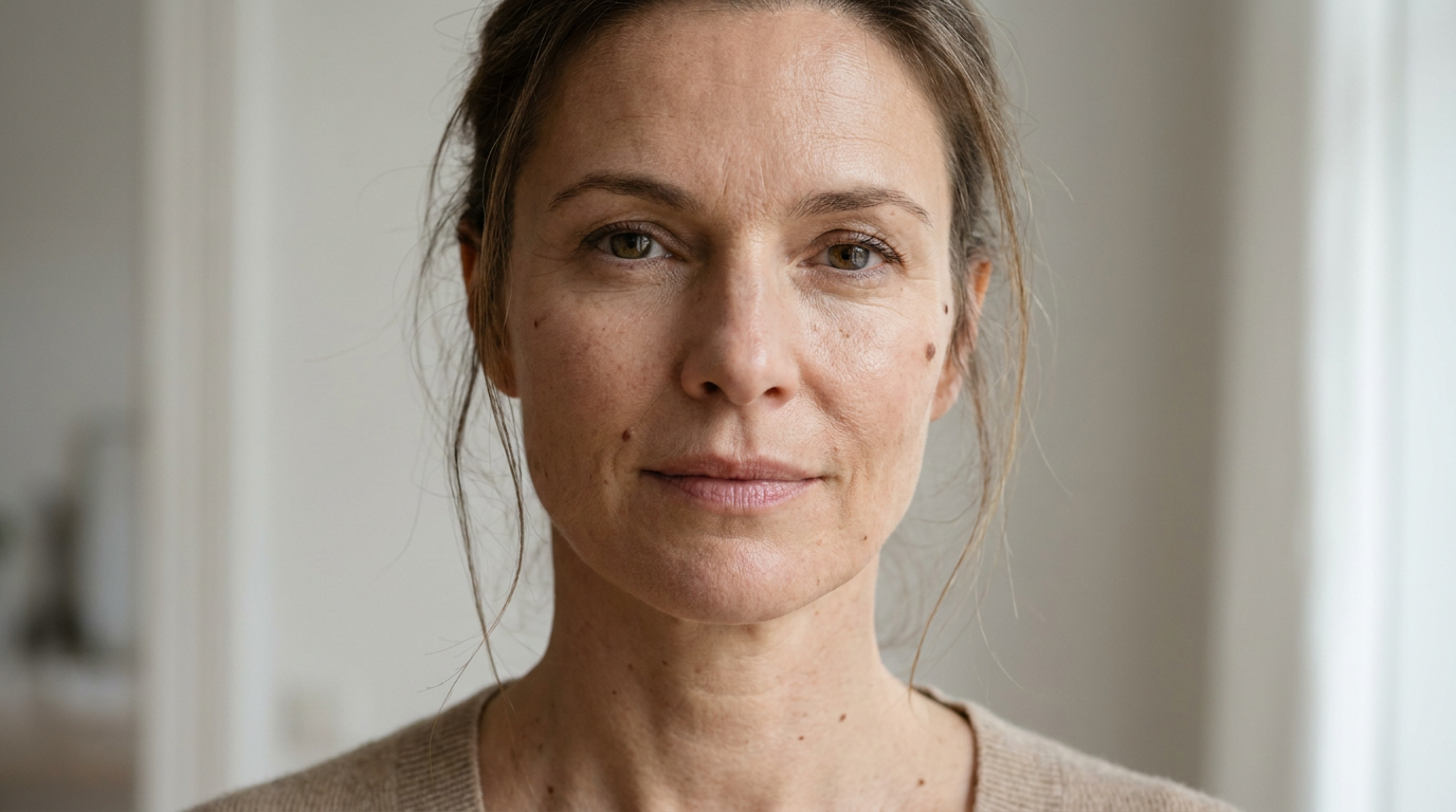Eine elegante Frau in den Vierzigern mit straffer Haut im Gesicht.